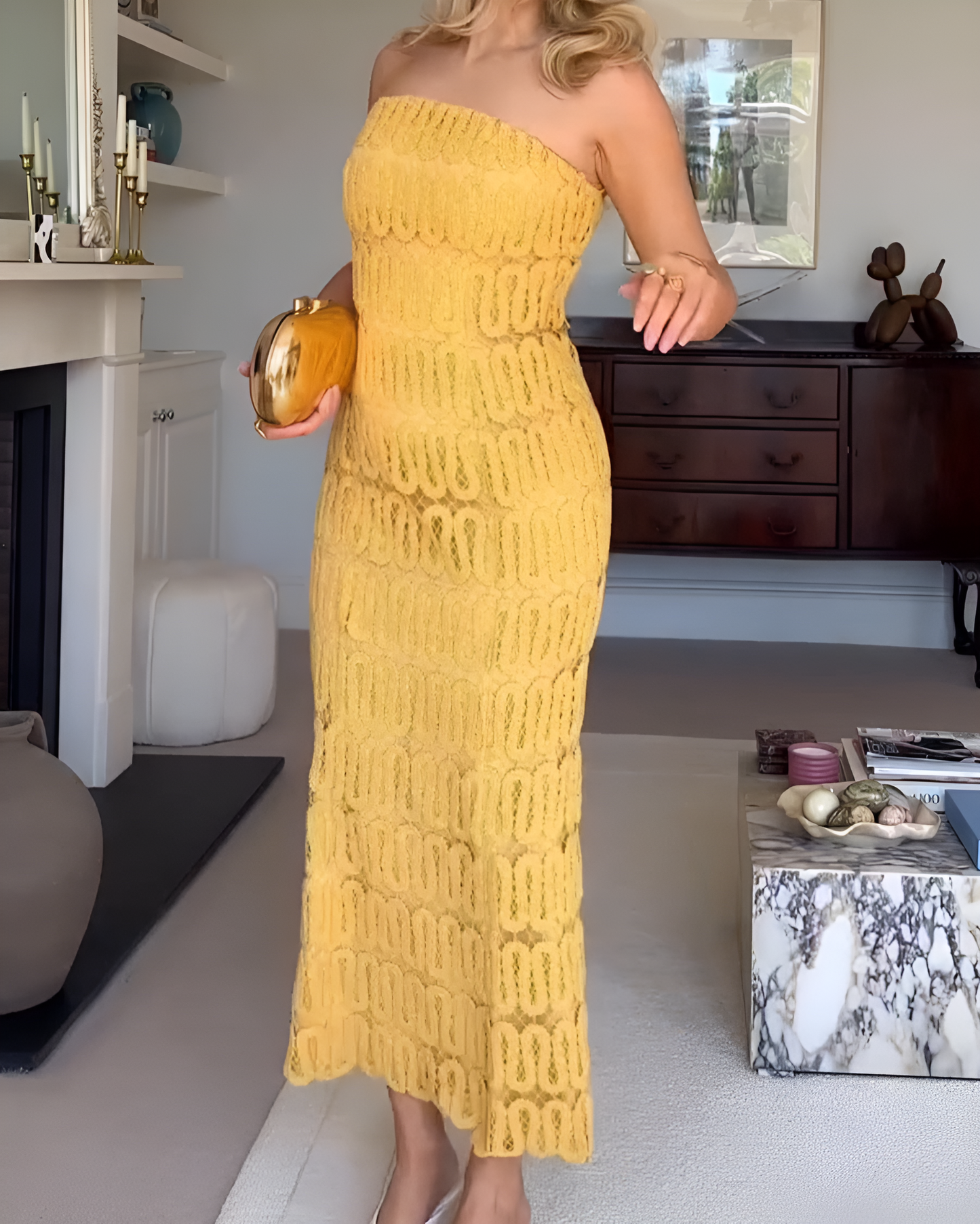 Yellow Strapless Lace Maxi Dress