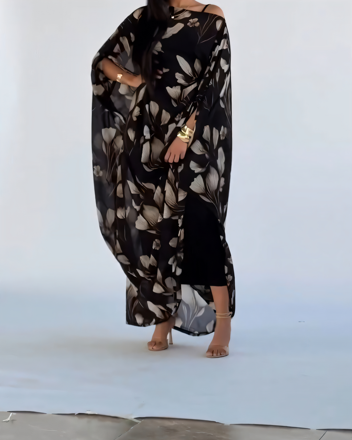 Black and Beige Leaf - Print Off - Shoulder Maxi Dress