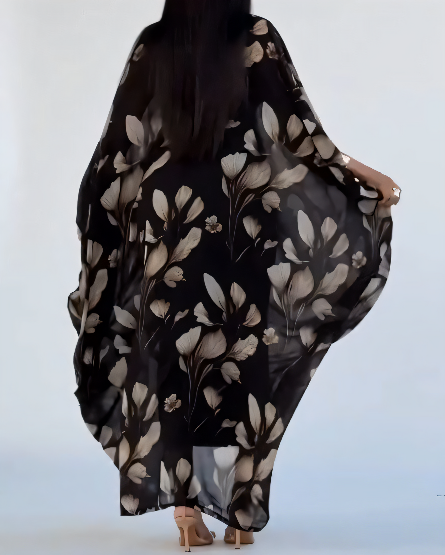 Black and Beige Leaf - Print Off - Shoulder Maxi Dress