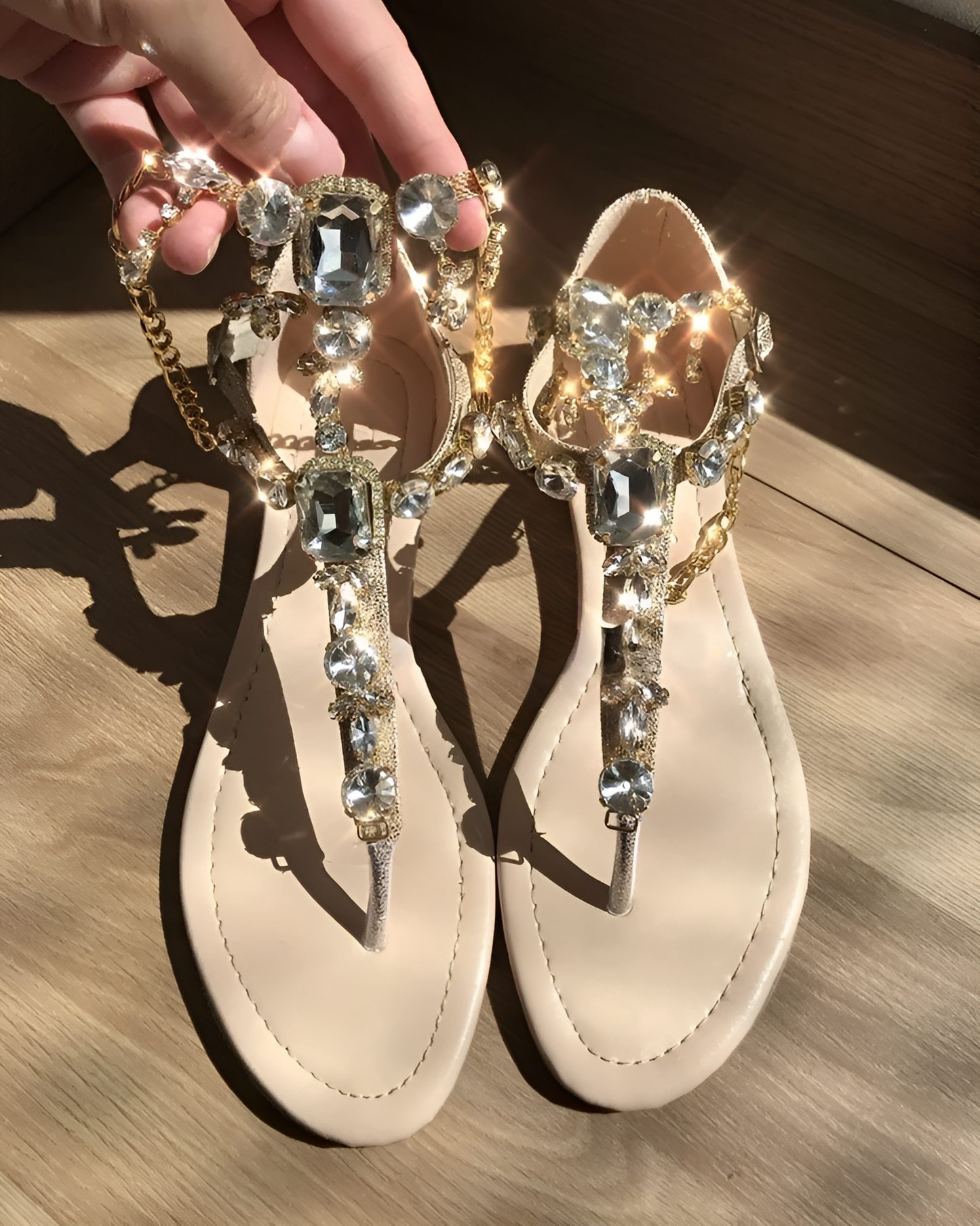 Rhinestone - Embellished T - Strap Flat Sandals
