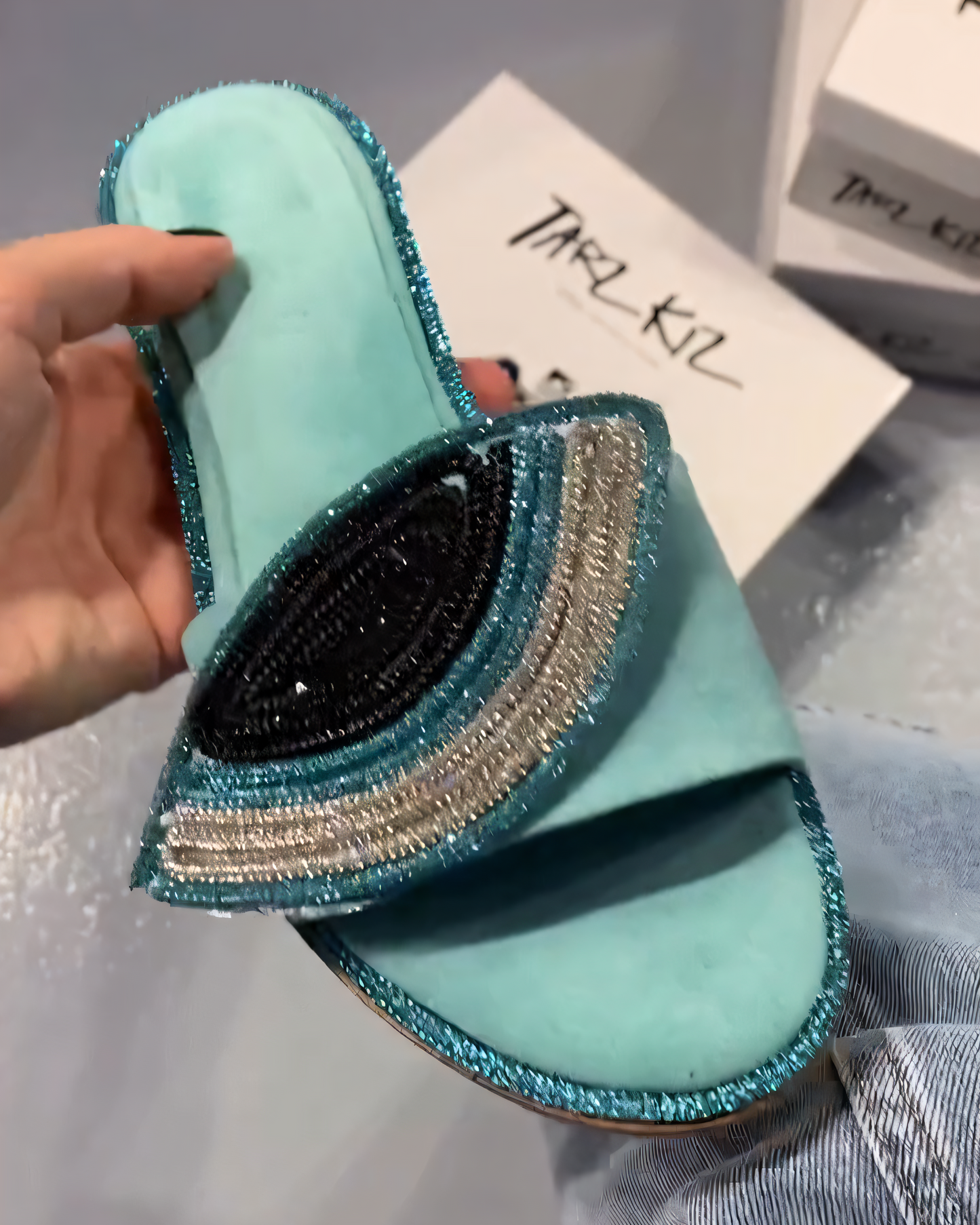 Rhinestone - Trimmed Turquoise Flat Slides