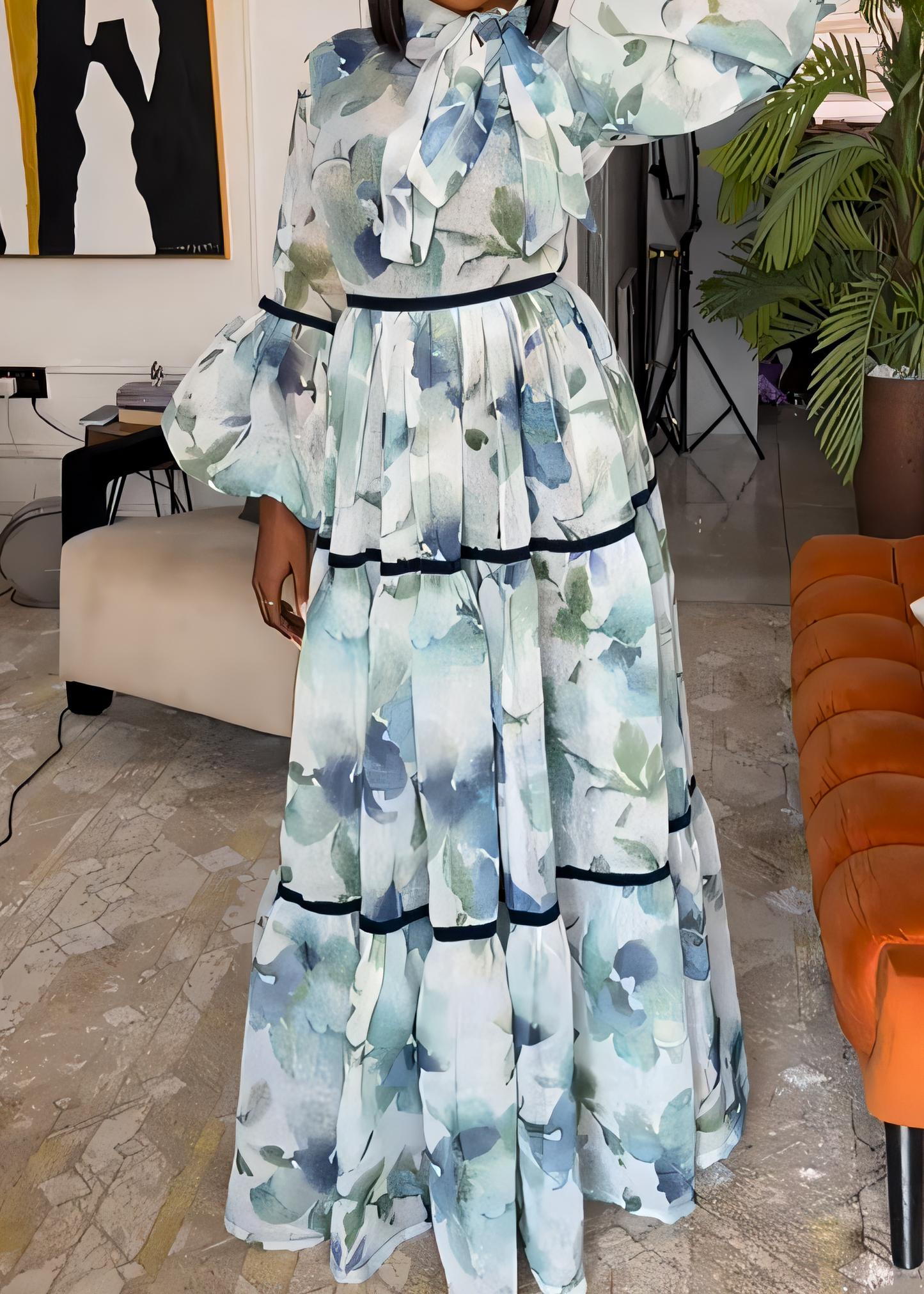 Lantern Sleeve Lace-Up Printed Dress