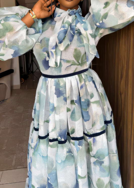 Lantern Sleeve Lace-Up Printed Dress