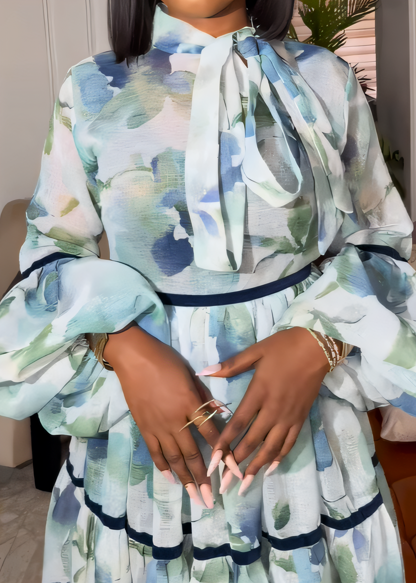 Lantern Sleeve Lace-Up Printed Dress