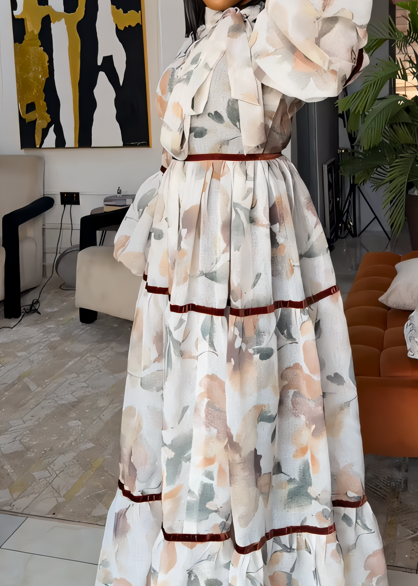 Lantern Sleeve Lace-Up Printed Dress