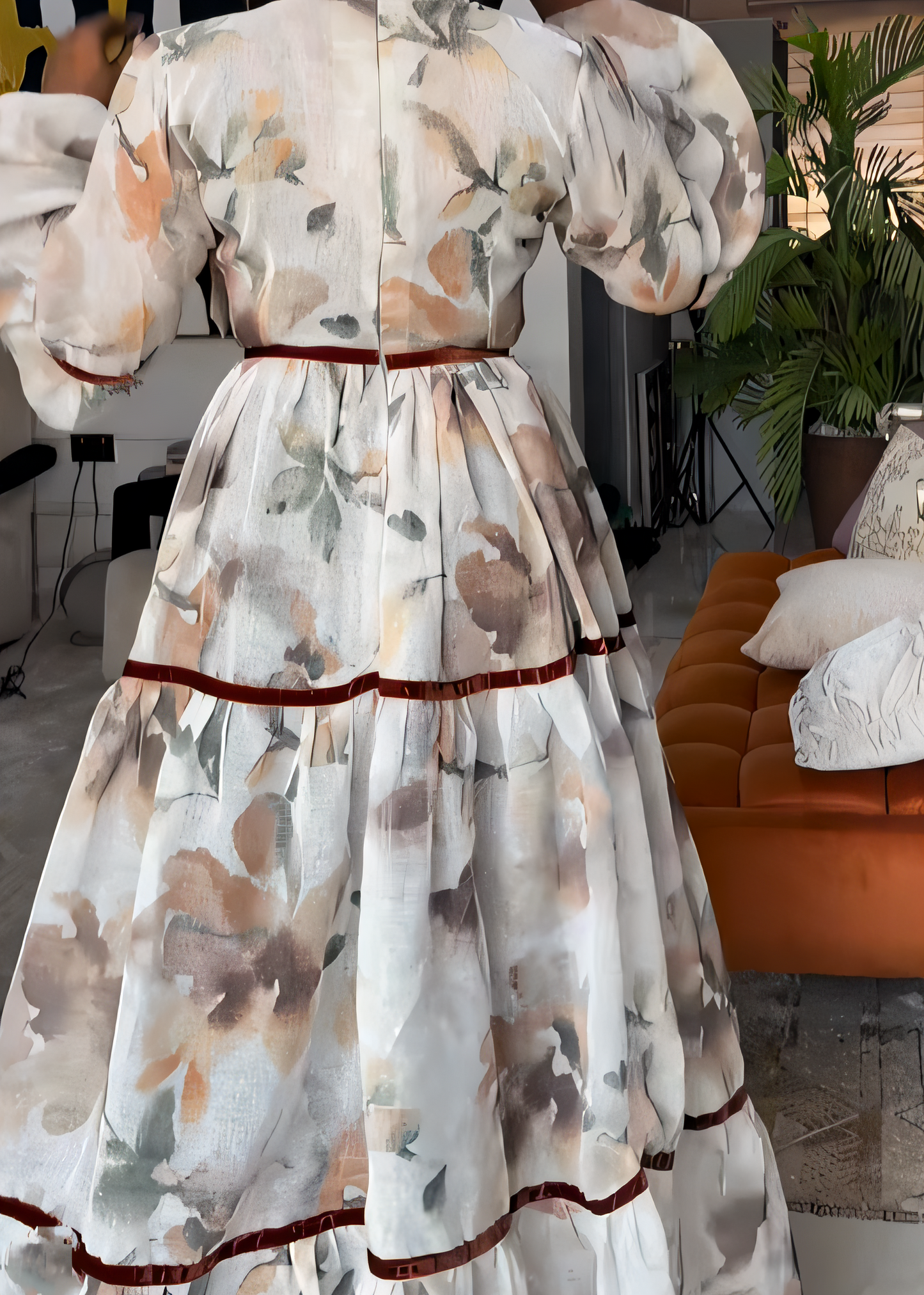 Lantern Sleeve Lace-Up Printed Dress