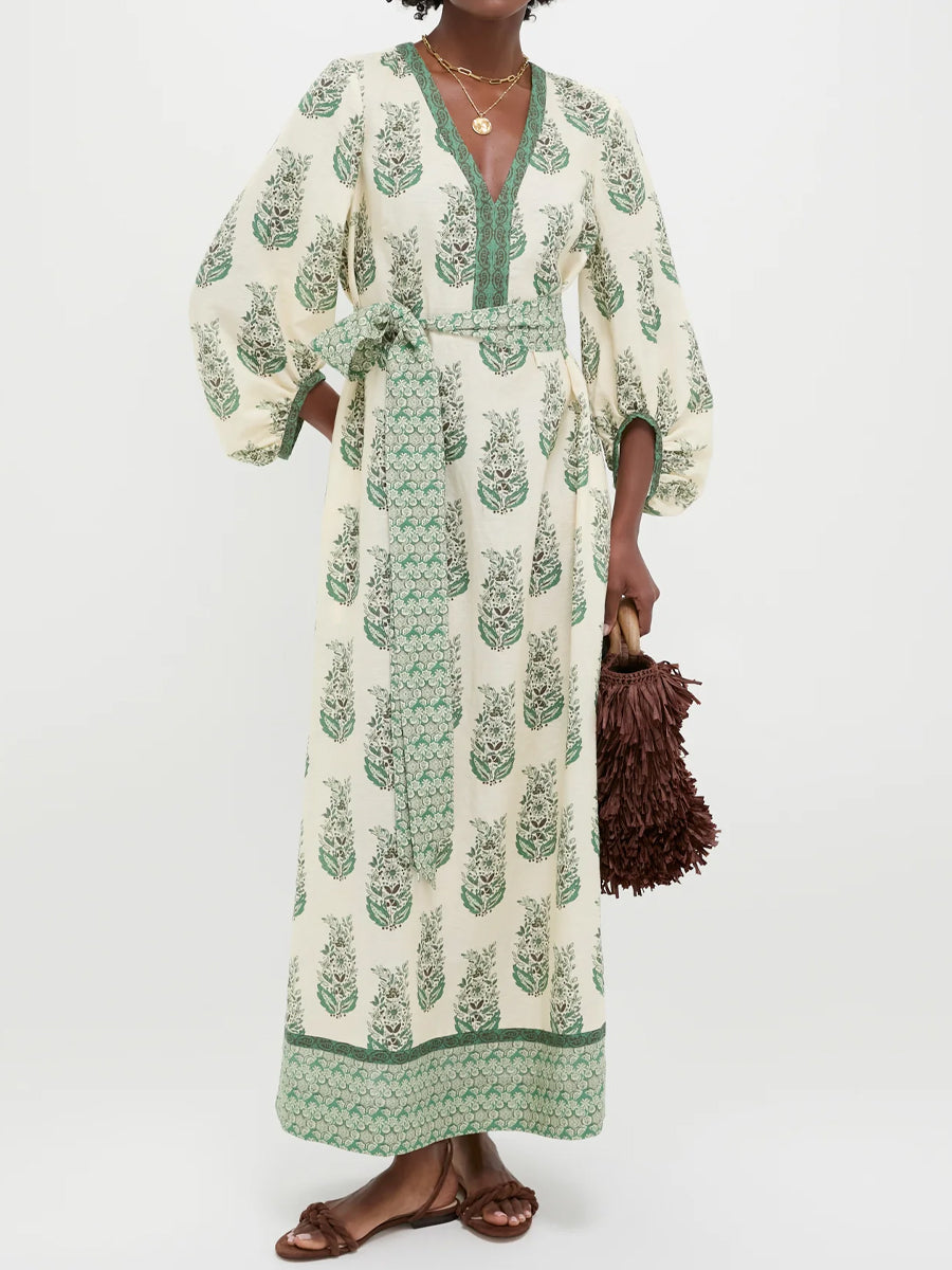 Printed V Neck Balloon Sleeves Dress