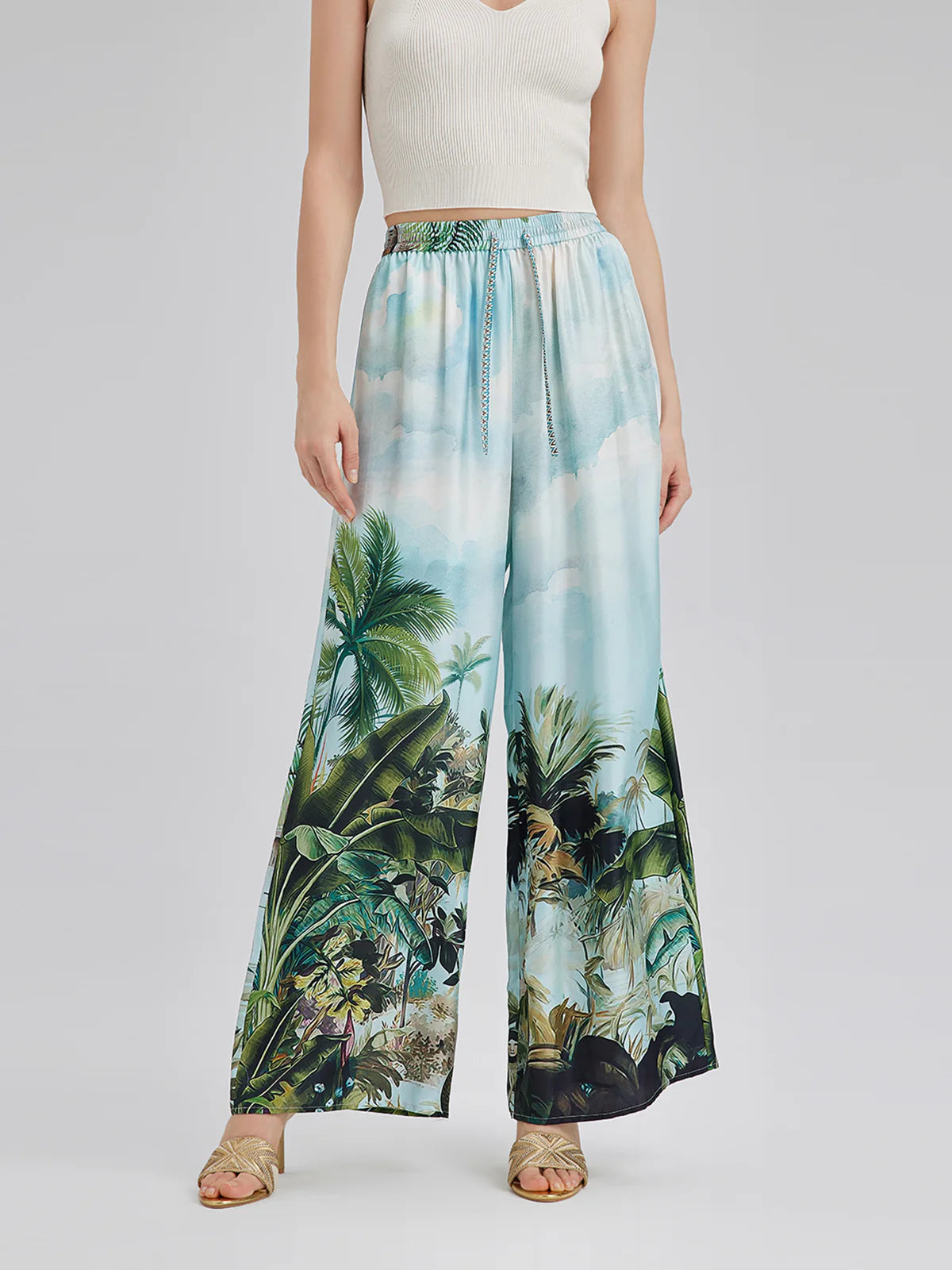 Tropical Print Shirt & Wide - Leg Pants Set