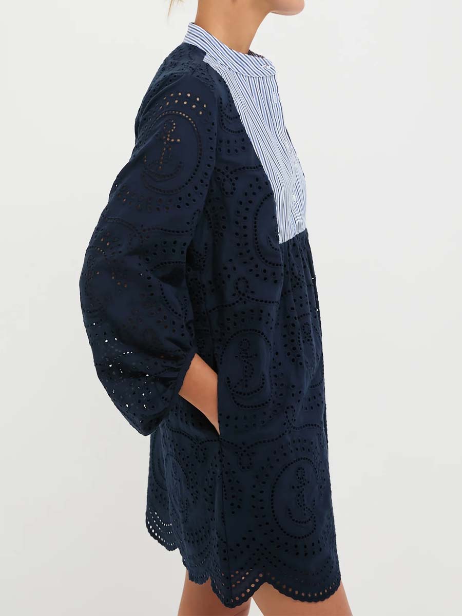 Mock Collar Patchwork Eyelet Mini Dress