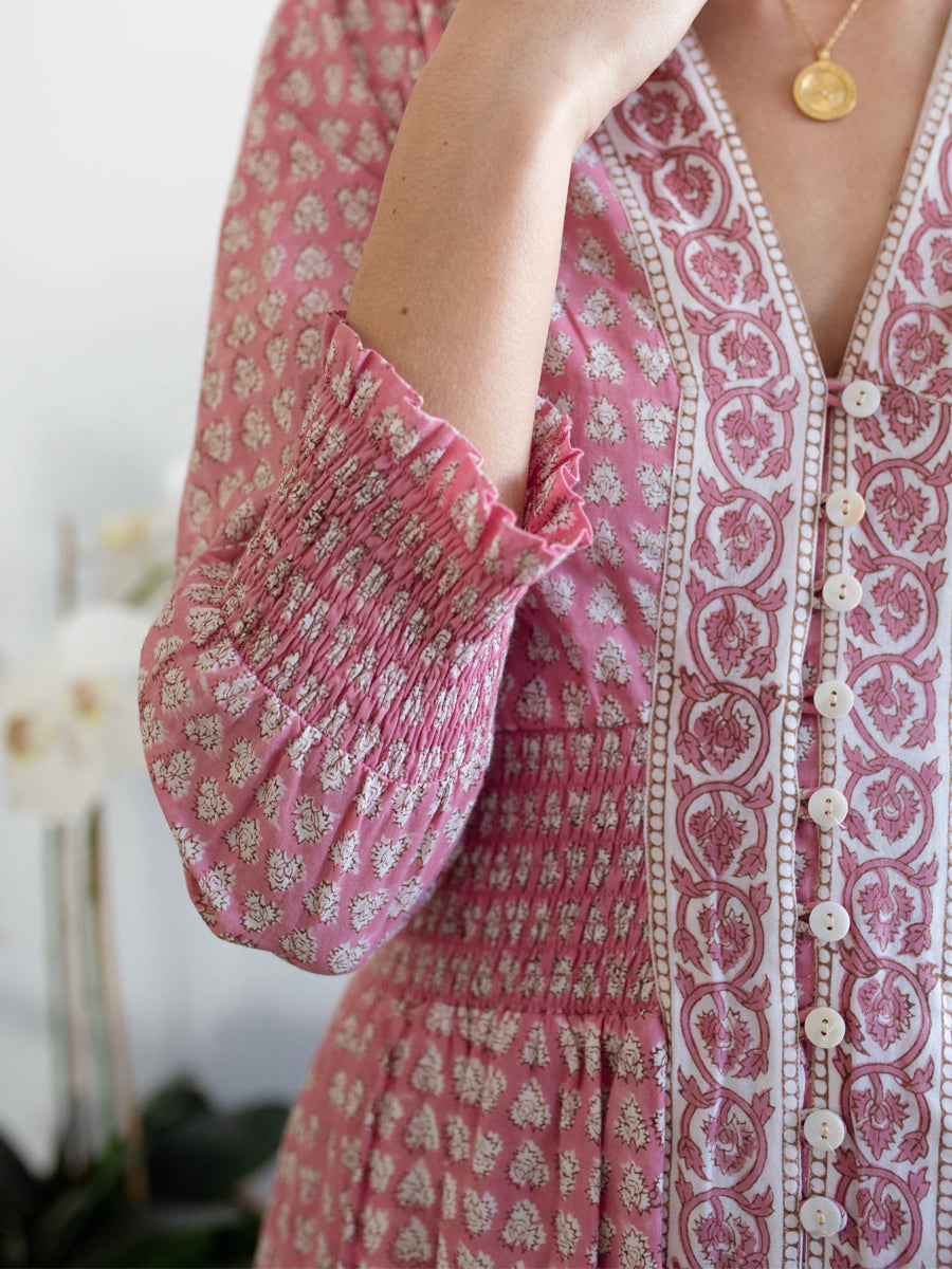 Printed V Neck Smocked Waist Dress