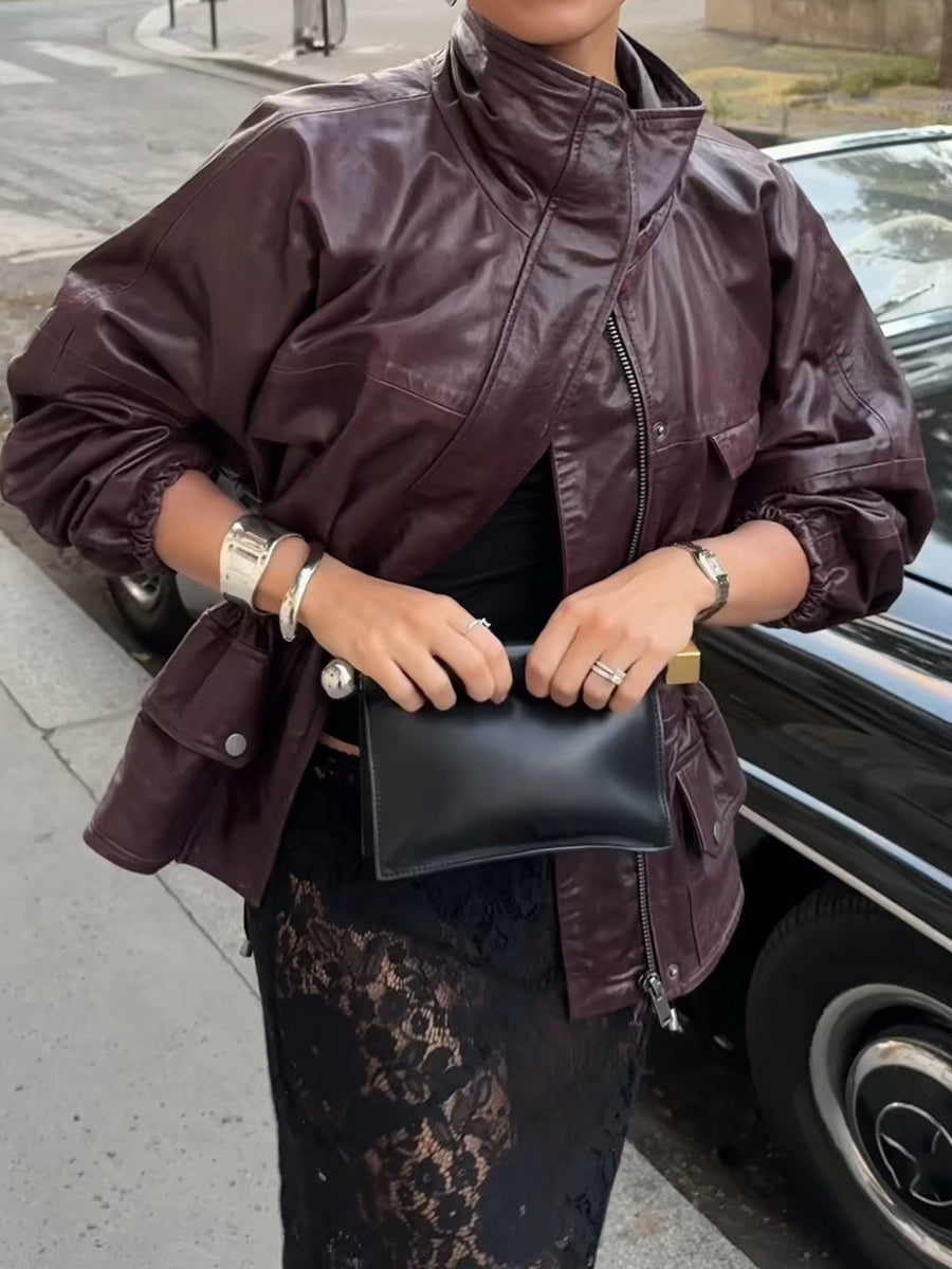 Stand Collar PU Elastic Cuffs Jacket