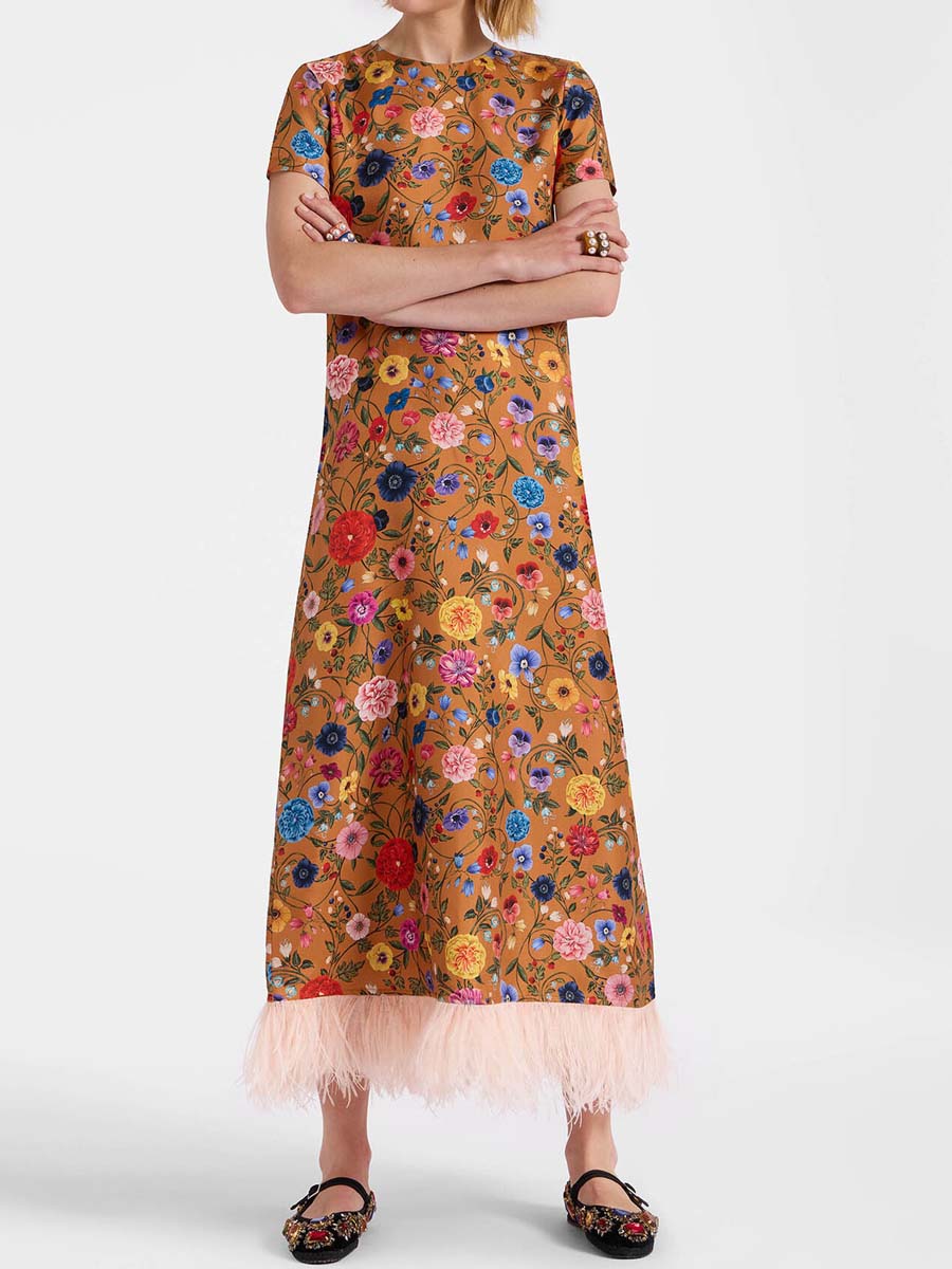 Elegant Feather Patchwork Printed Dress