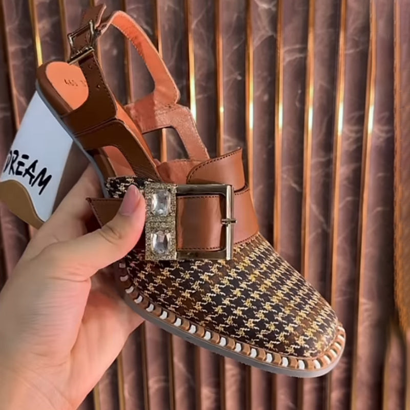 Houndstooth Print Square-Heeled Shoes