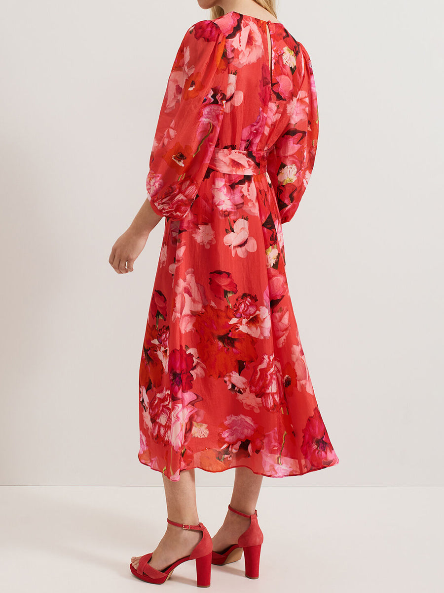 Printed V Neck Belted Midi Dress
