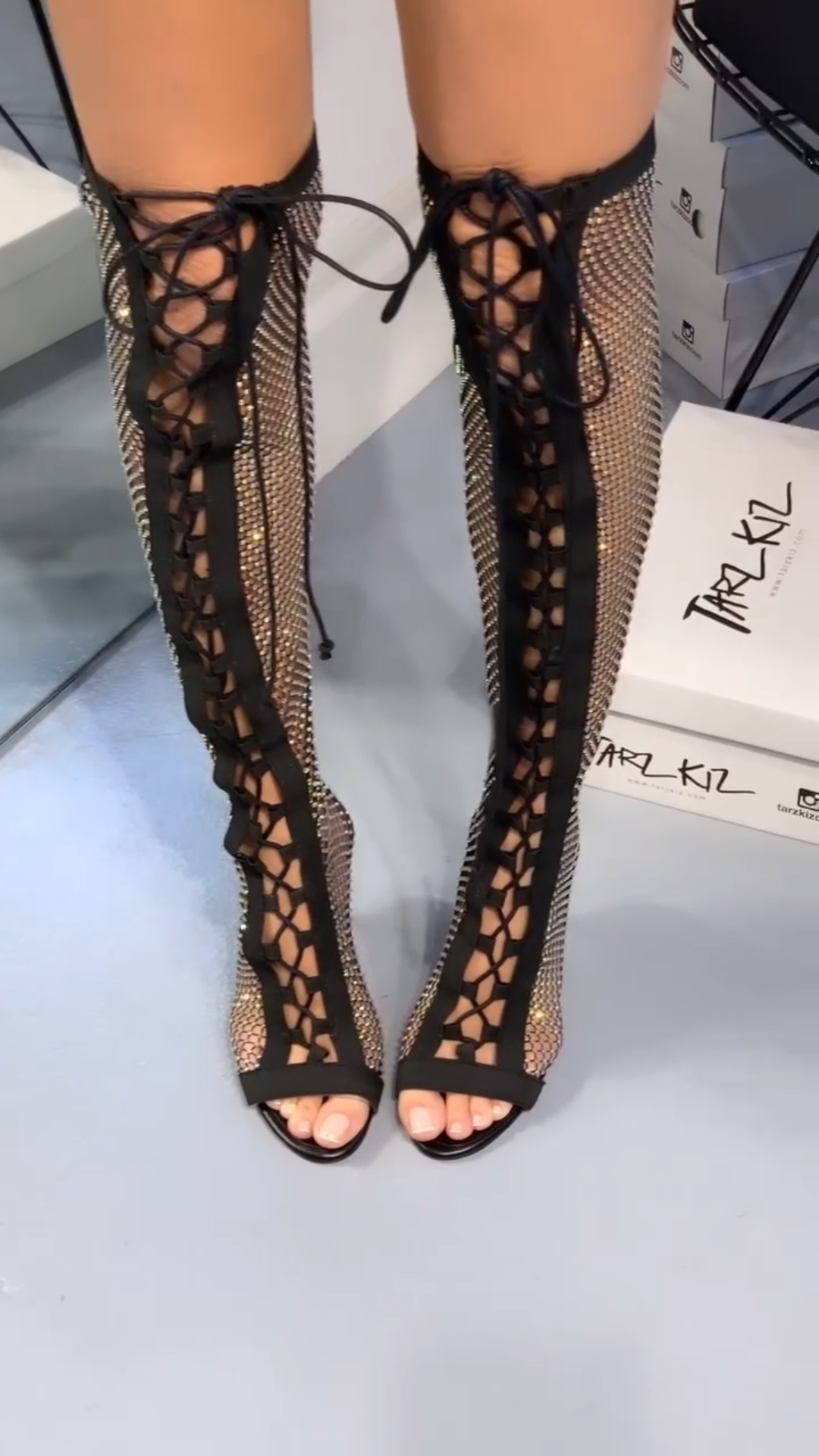 Black Rhinestone Lace up Over the Knee Sandals