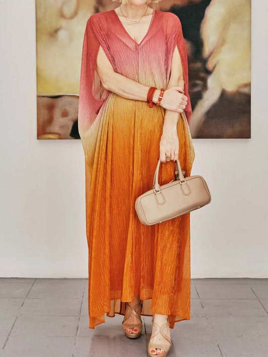 Printed V Neck Batwing Sleeve Maxi Dress