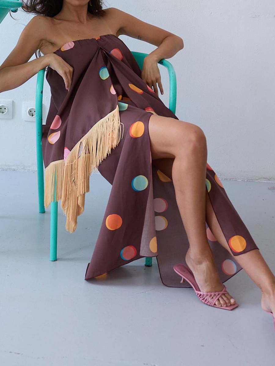 Printed Tassel Slit Hem Strappless Dress