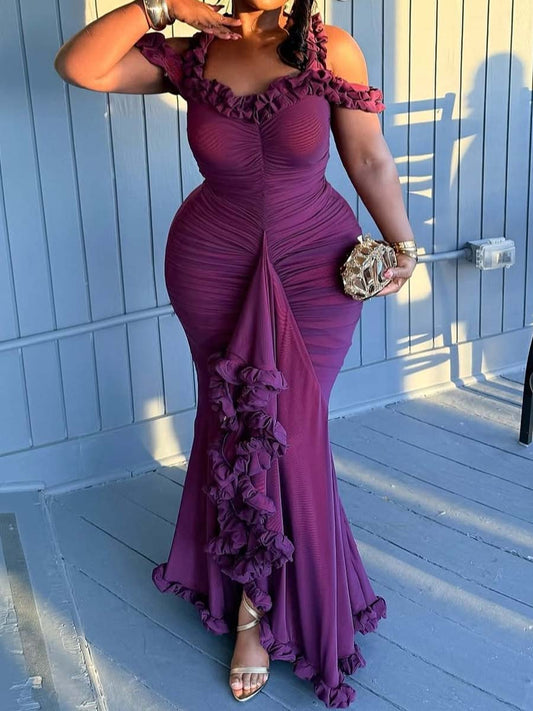 Elegant Ruffled Cold Shoulder Hip Dress