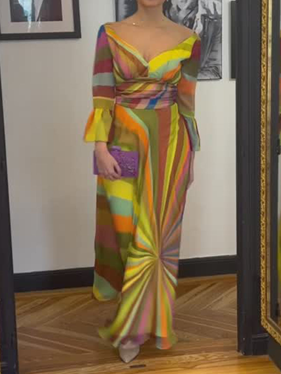 Deep V Neck Printed Bell Sleeves Maxi Dress