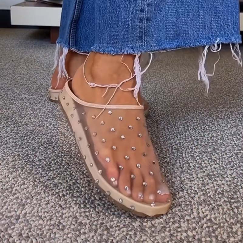 Mesh Rhinestone Hollow Slippers