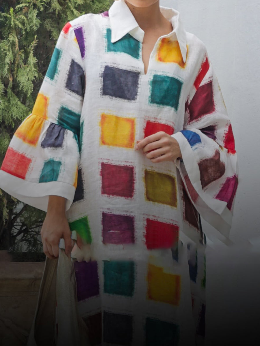 Plaid Horn Sleeve Loose Dress