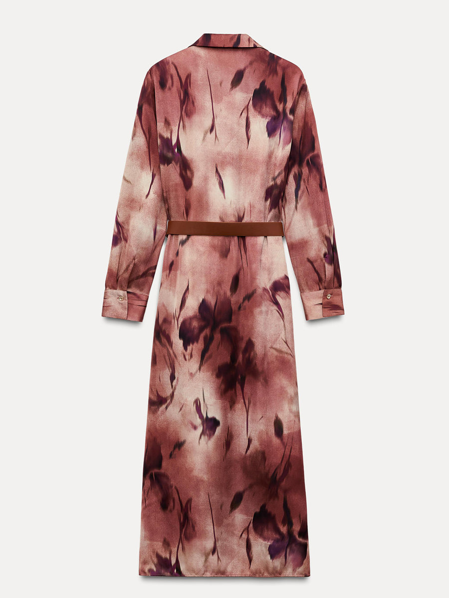 Printed Button Up Belted Midi Dress