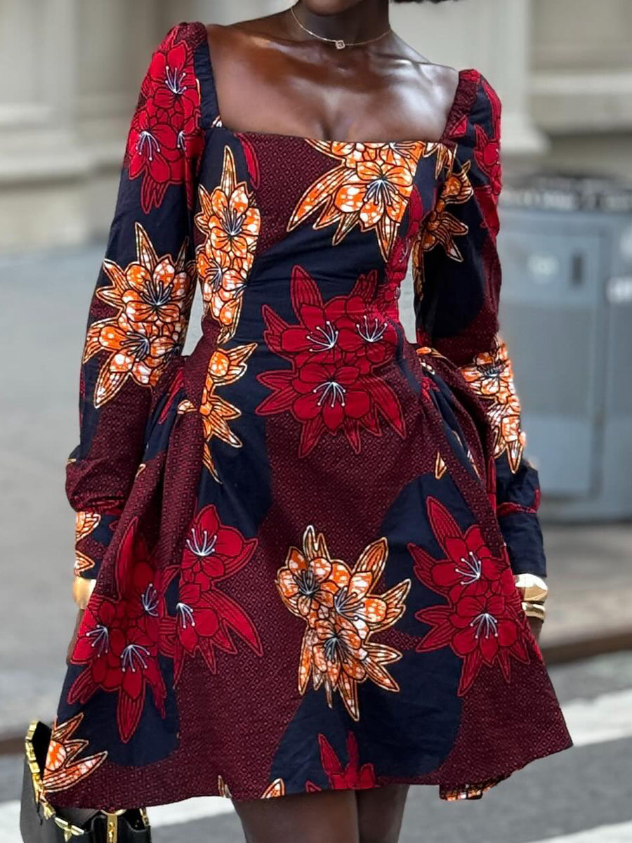 Square Collar Printed Mini Dress