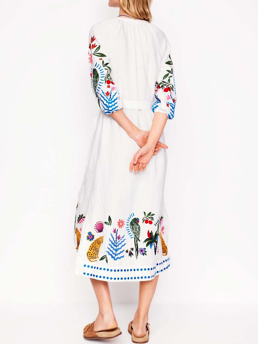 Embroidered V Neck Tassel Dress