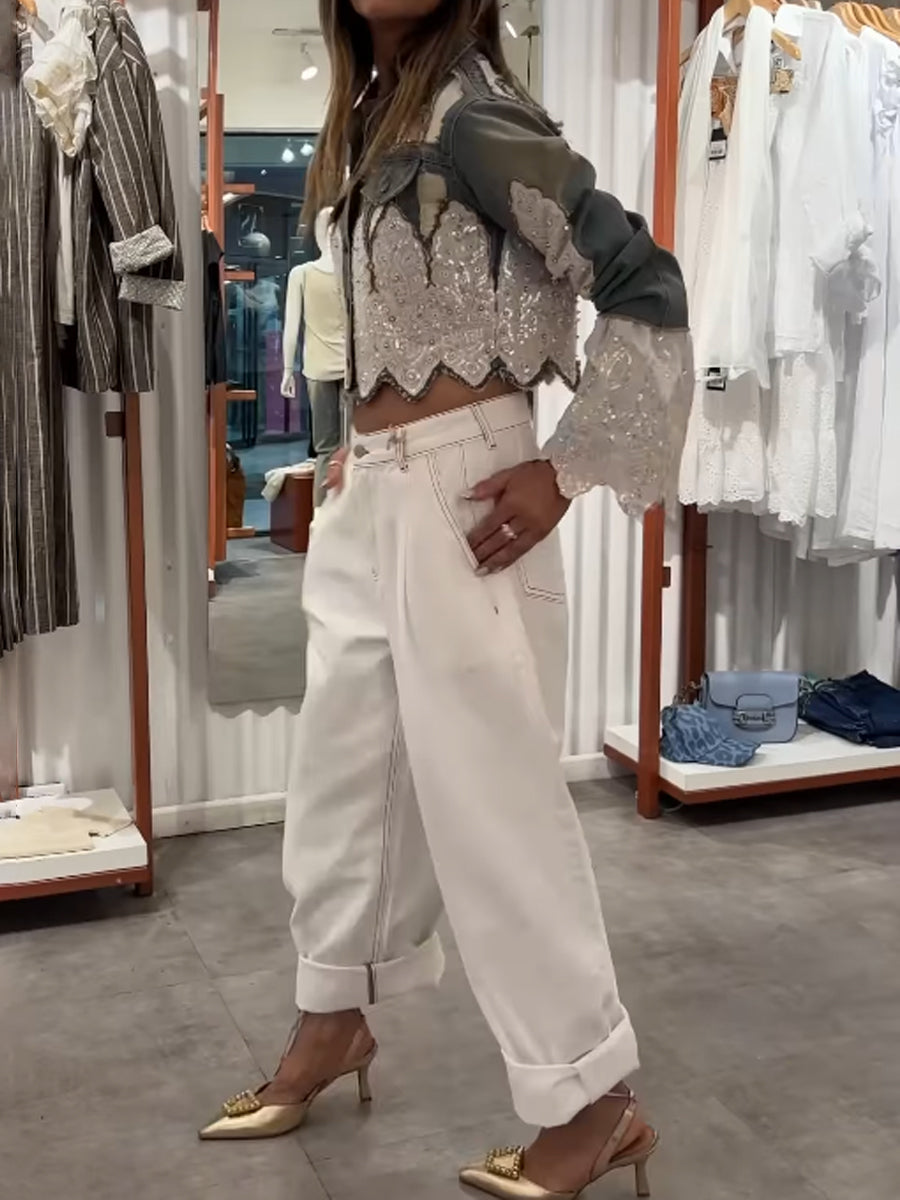 Sequined Flare Sleeve Denim Jacket