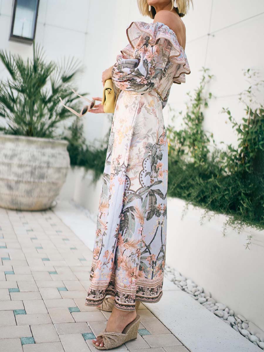 Printed Sexy Off Shoulder Lantern Sleeve Dress