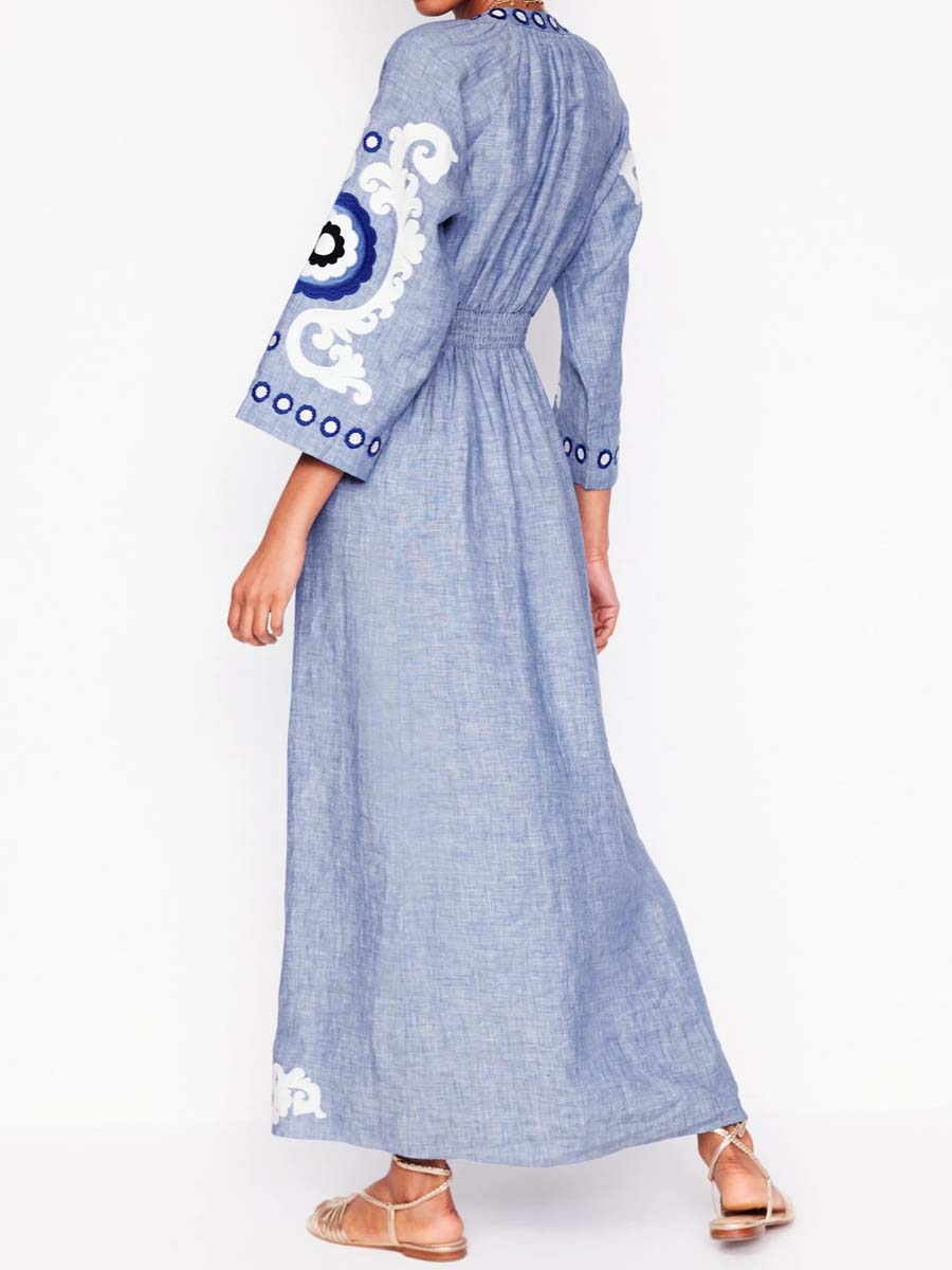 Split Neck Embroidered Maxi Dress