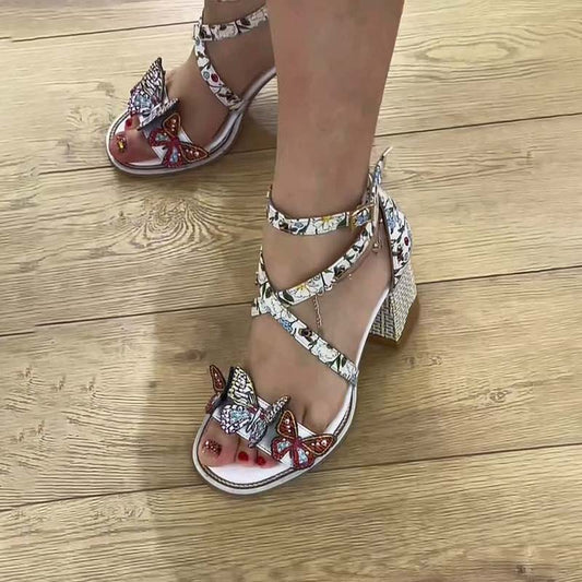 Butterfly-Embellished Thick-Heeled Sandals