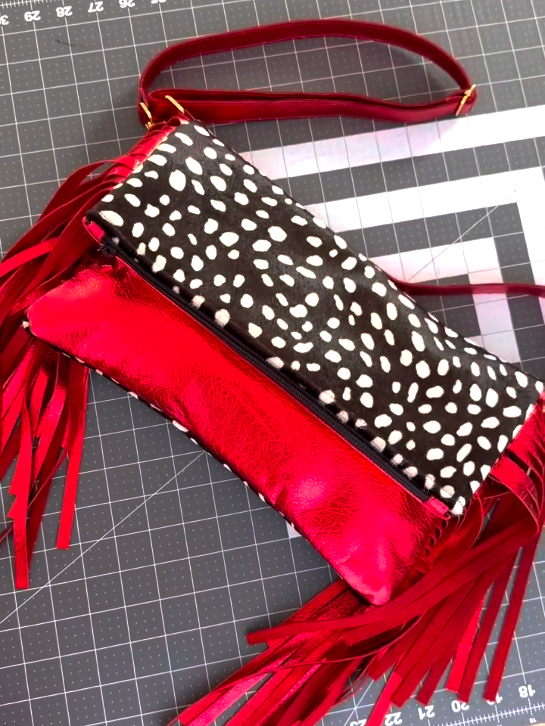 Polka Dot & Red Fringe Clutch Bag