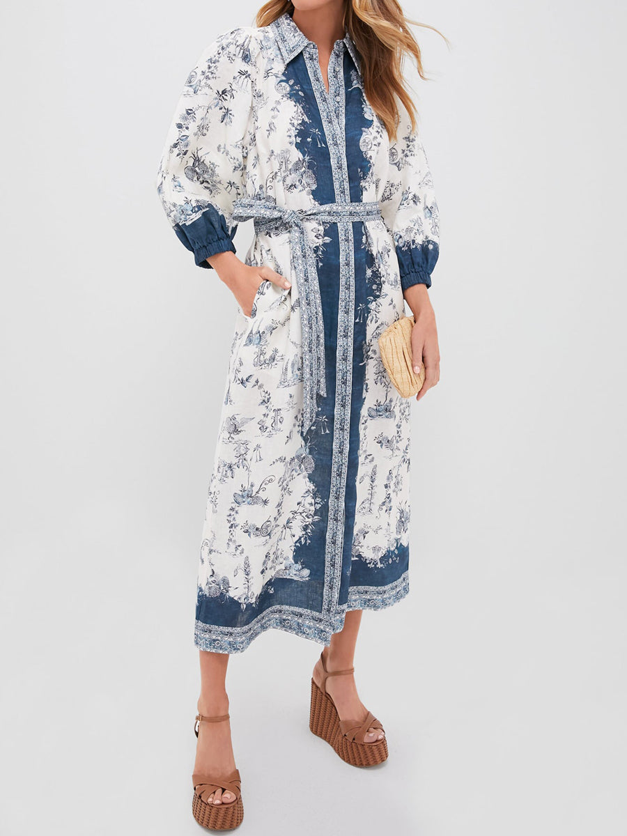 Floral Printed Puffed Sleeve Belted Dress