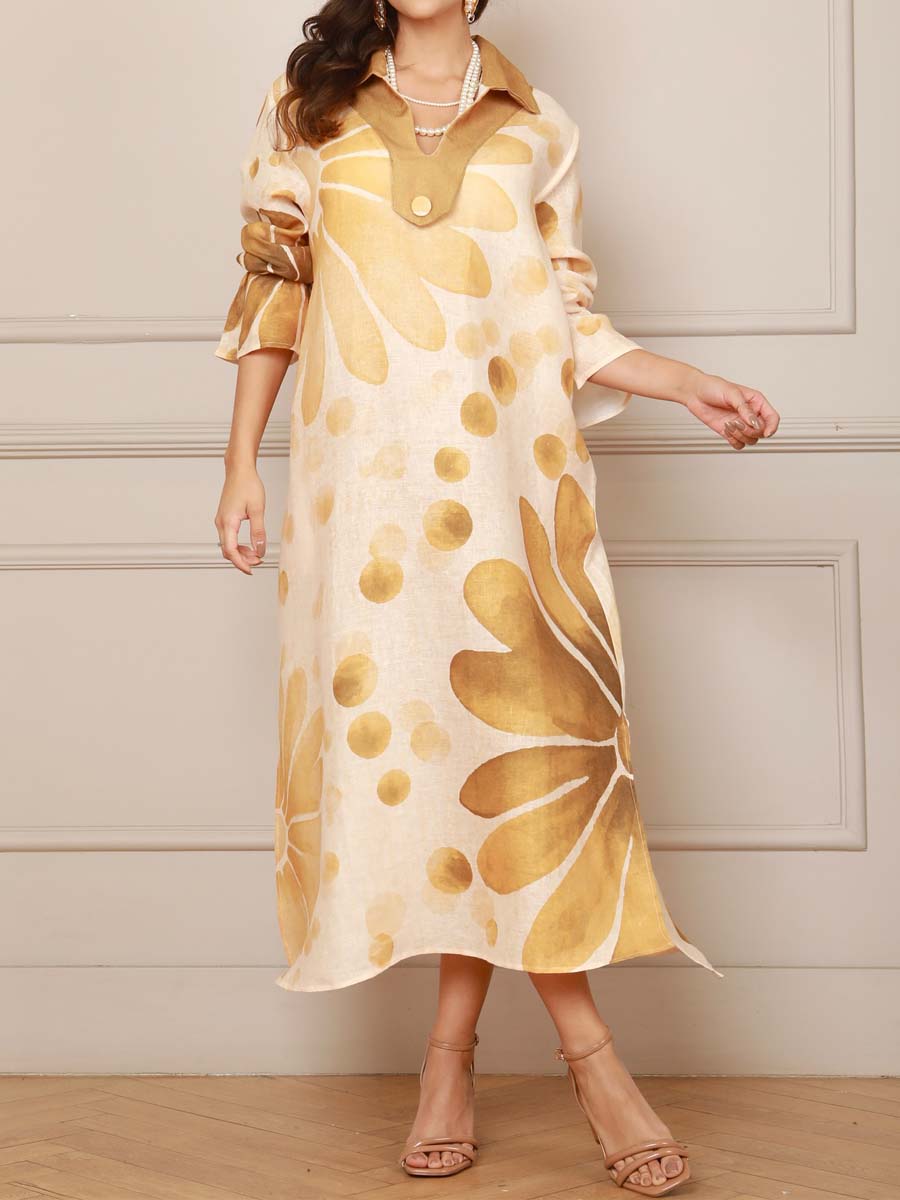 Printed Split Neck Slit Hem Loose Dress