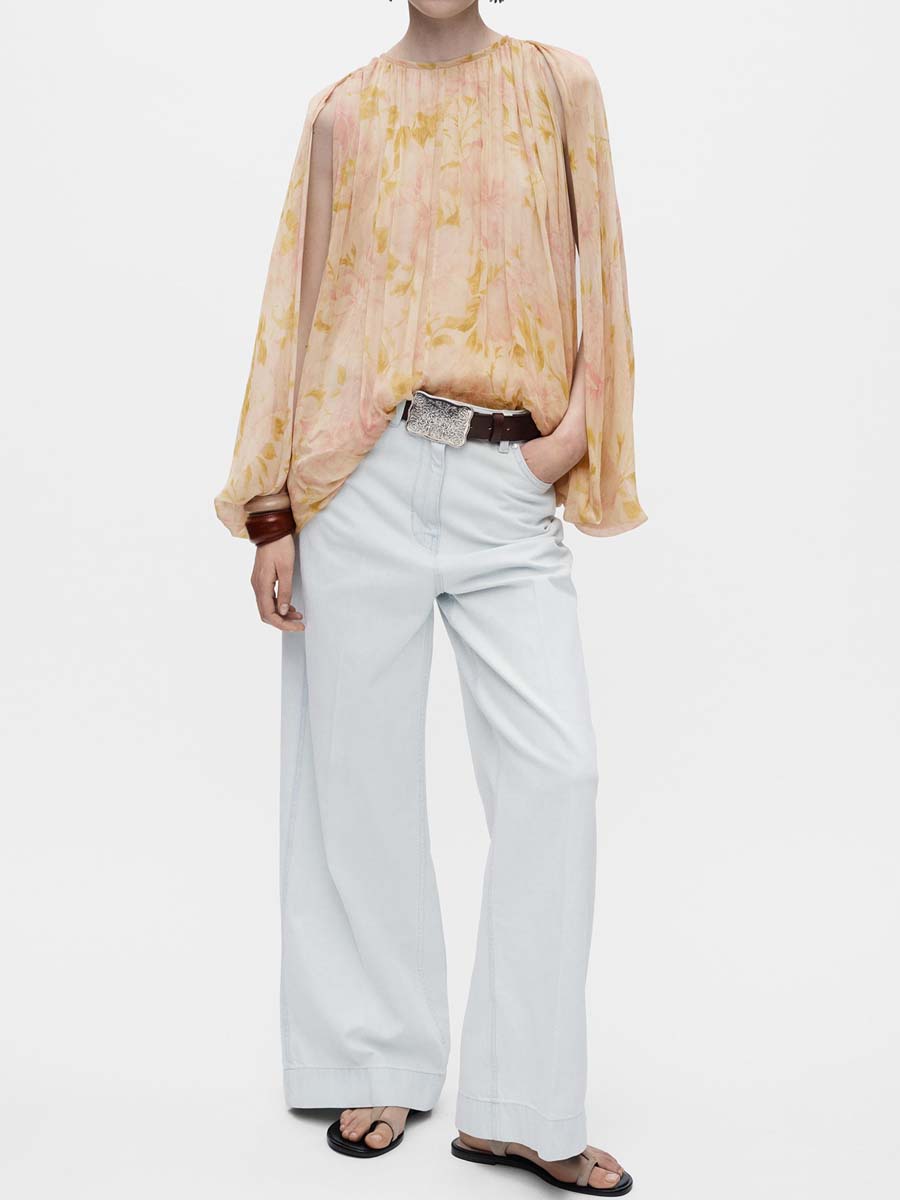 Puff Sleeve Asymmetric Hem Printed Shirt