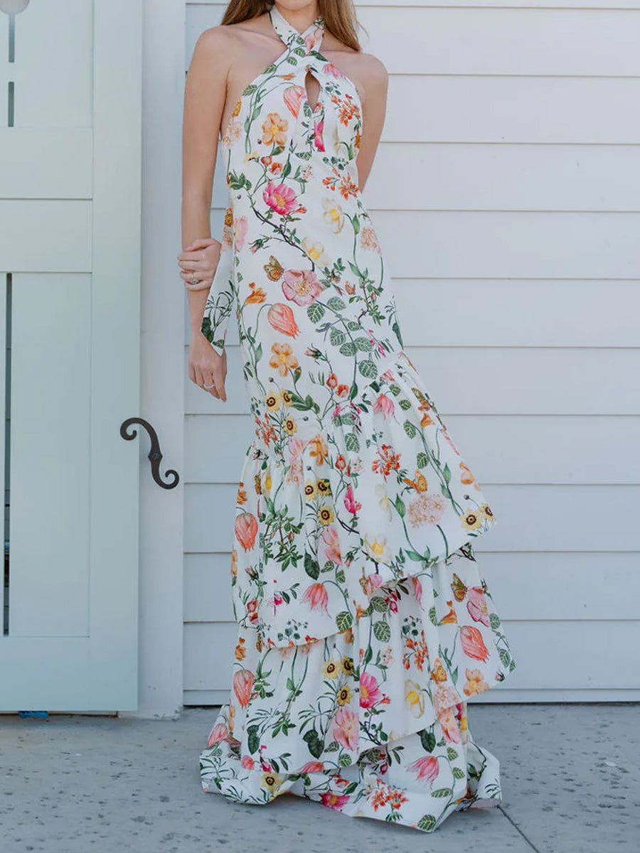 Ruffled Hem Floral Print Maxi Dress