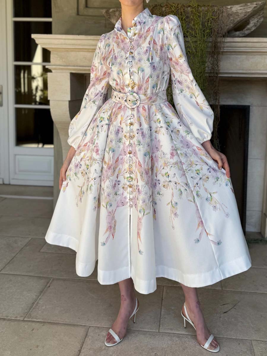 Single-breasted Placement Print Belted Dress