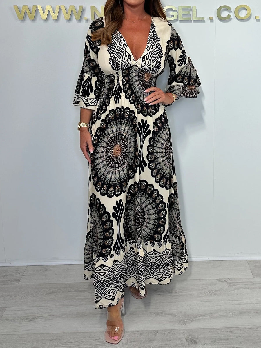 Print V-Neck Smocked Waist Bell Sleeve Dress