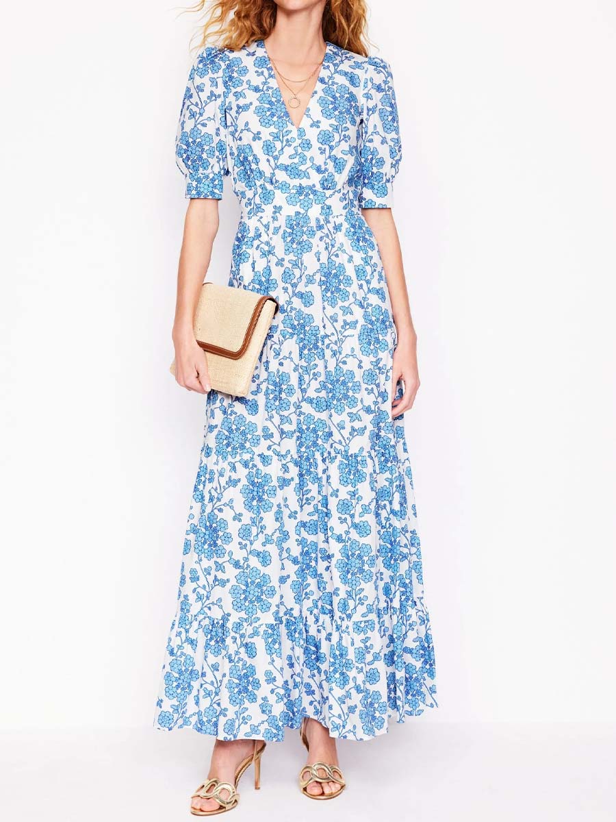 Printed V Neck Puff Sleeve Maxi Dress