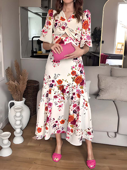 Knotted Printed Bubble Sleeve Dress