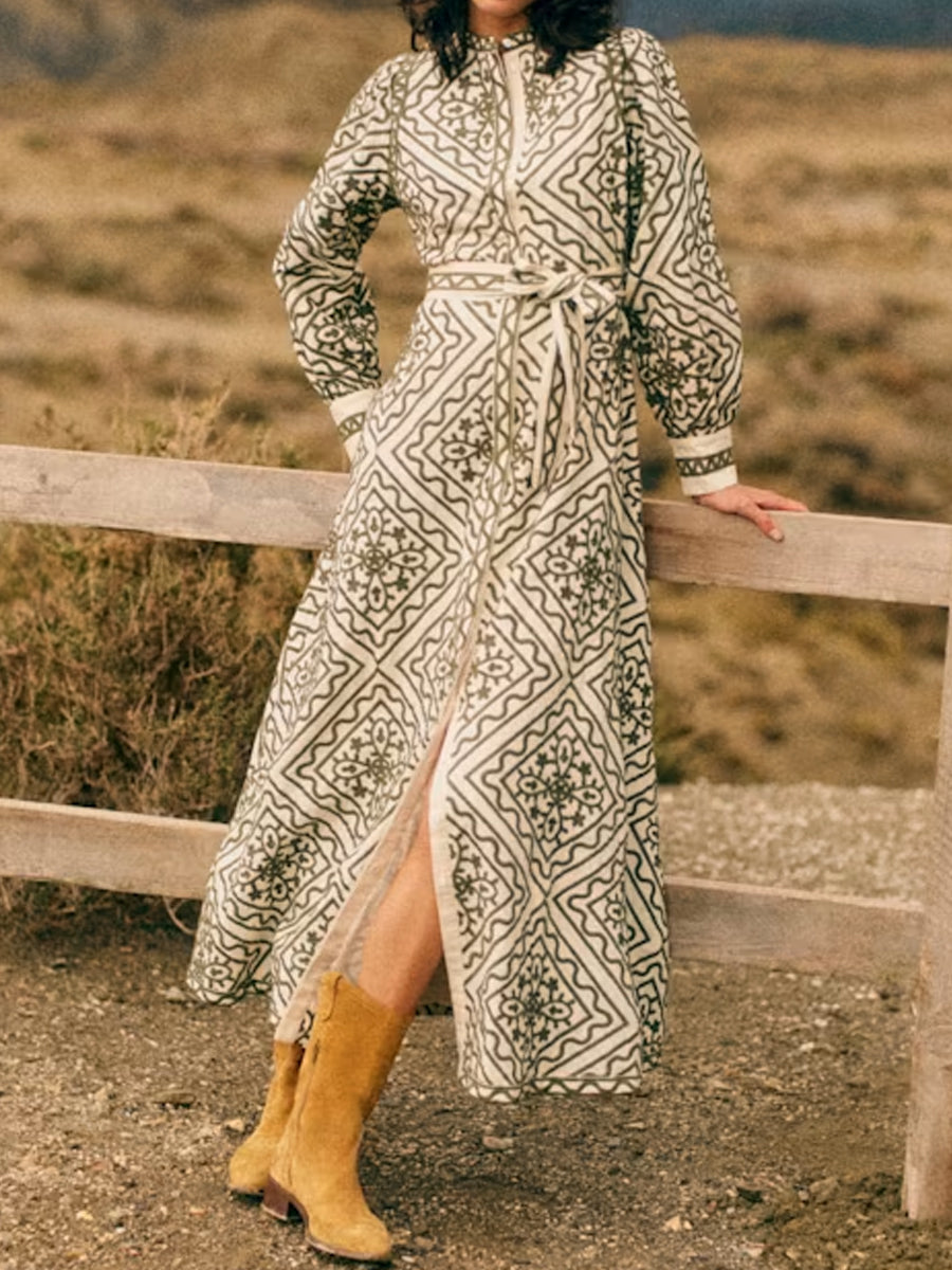 Printed Long Sleeve Belted Dress