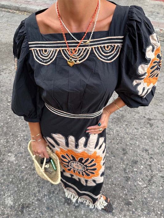 Printed Puff Sleeve Slit Hem Dress