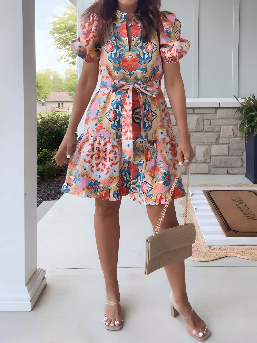 Floral Print V Neck Short Sleeve Tie Waist Dress