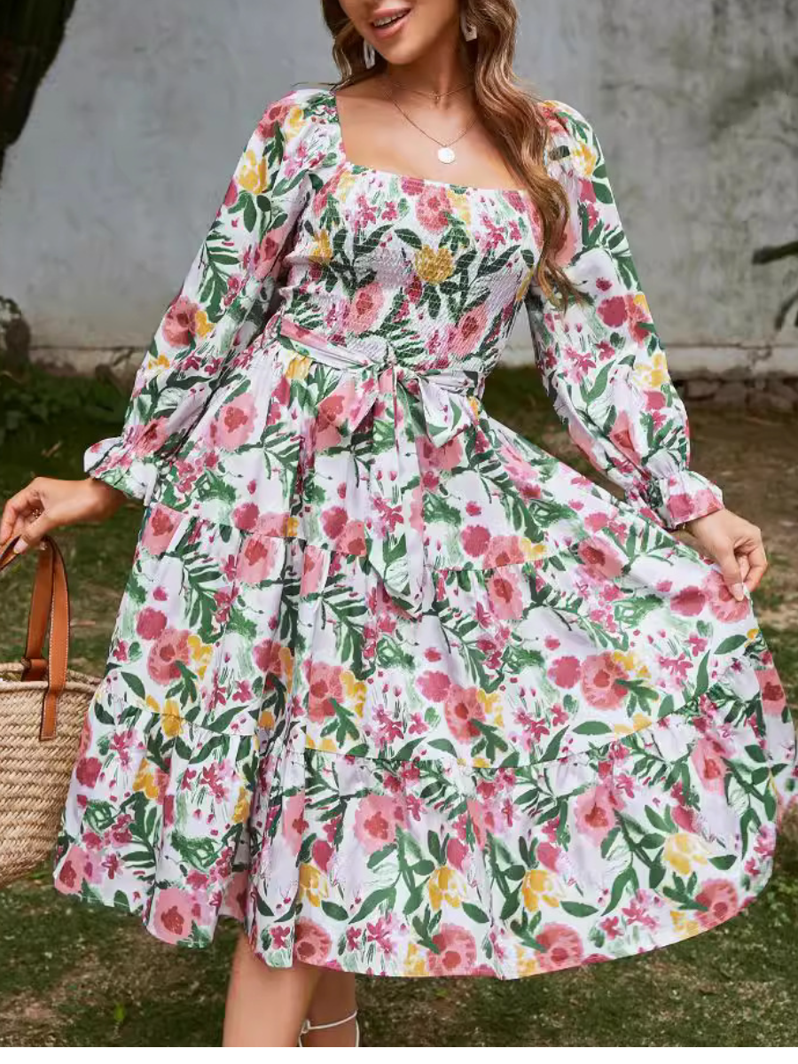 Square Collar High Waist Horn Loose Dress