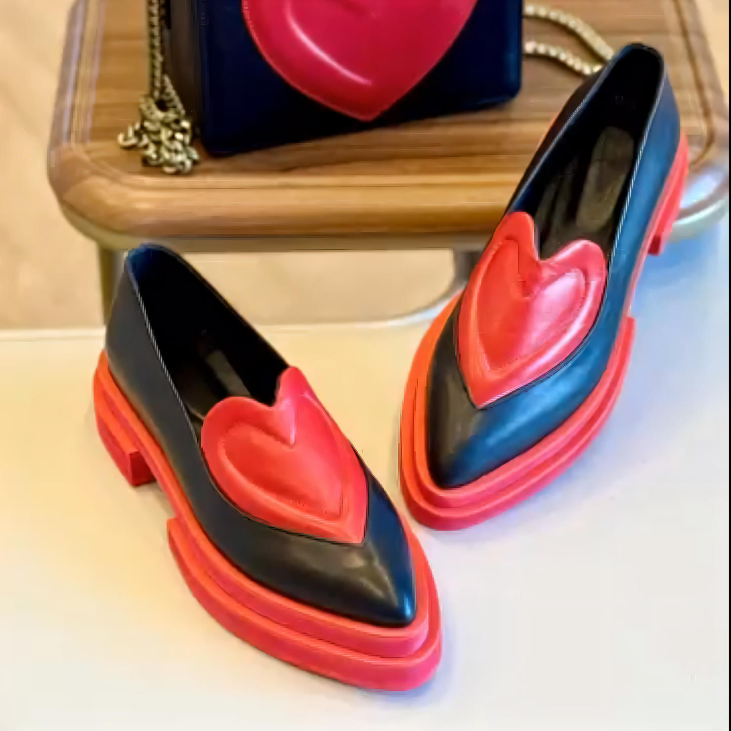 Contrast color heart thick-soled loafers