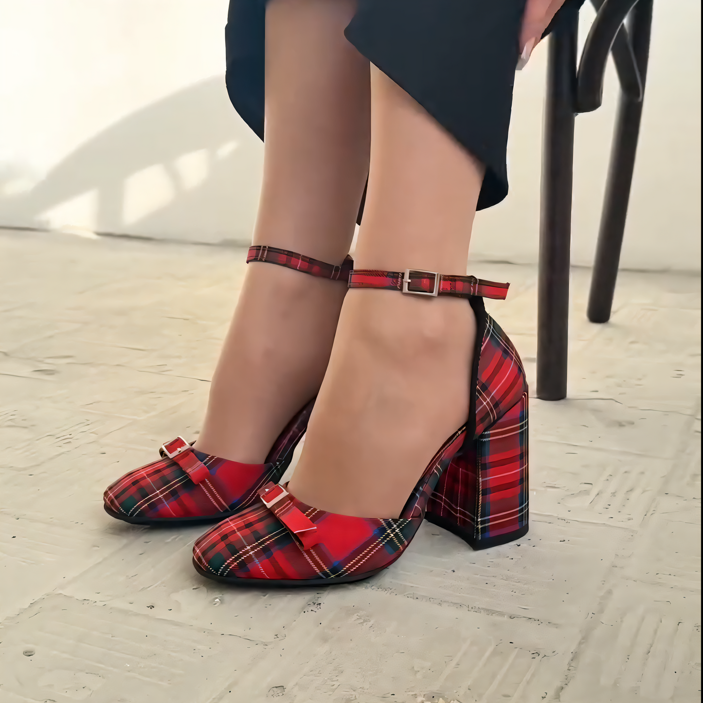 Plaid block-heel Mary Janes