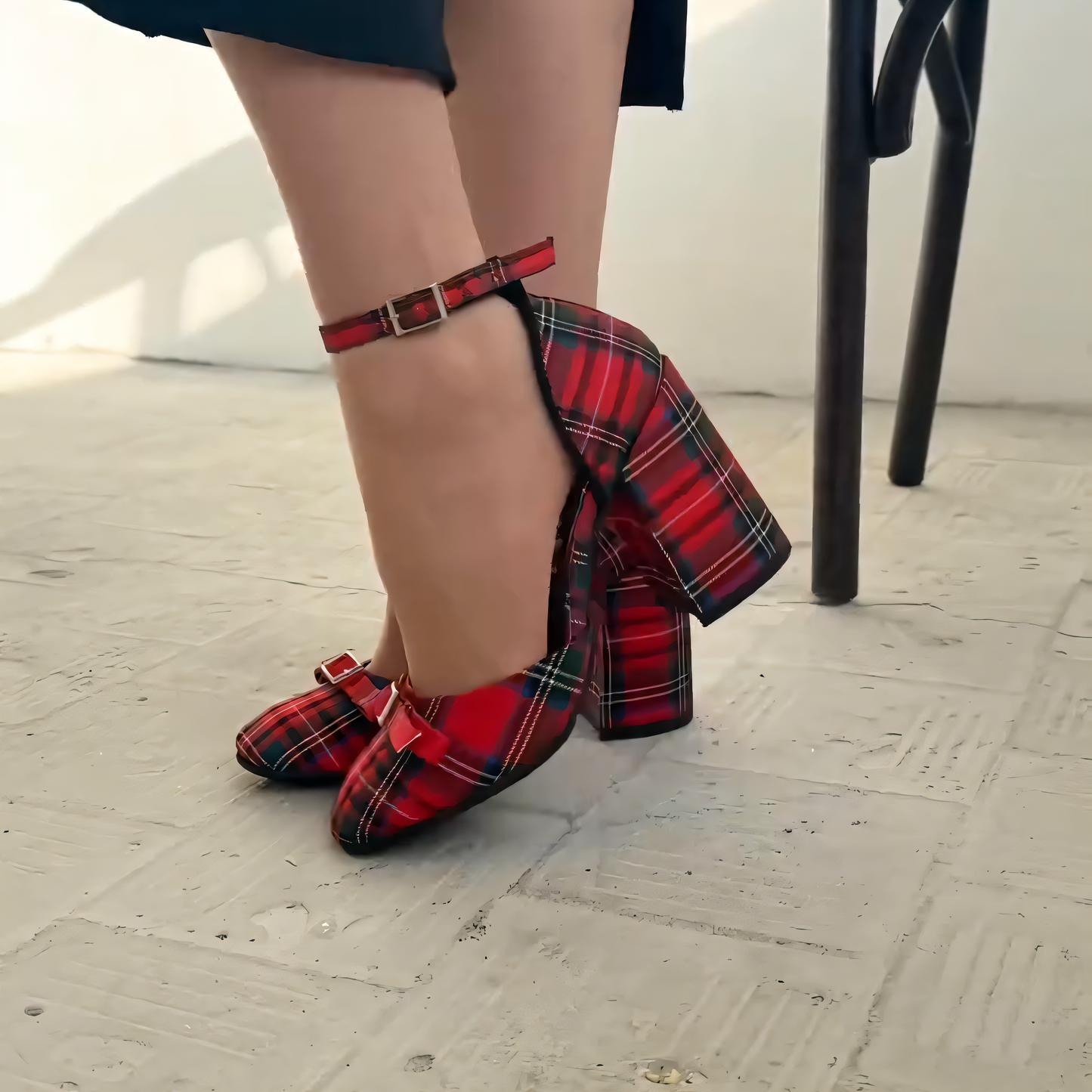 Plaid block-heel Mary Janes