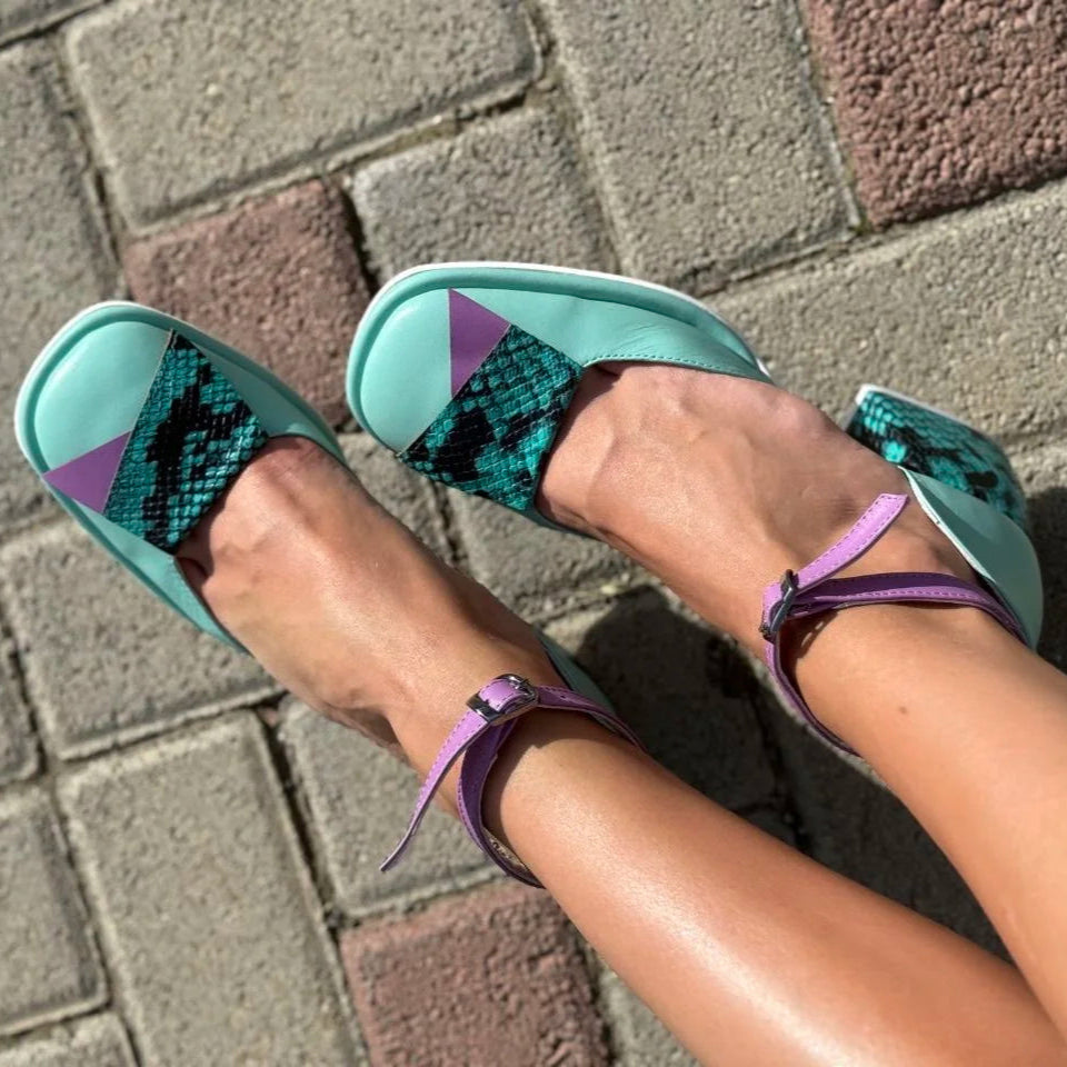 Color - Block Snakeskin - Accent Ankle - Strap Heels