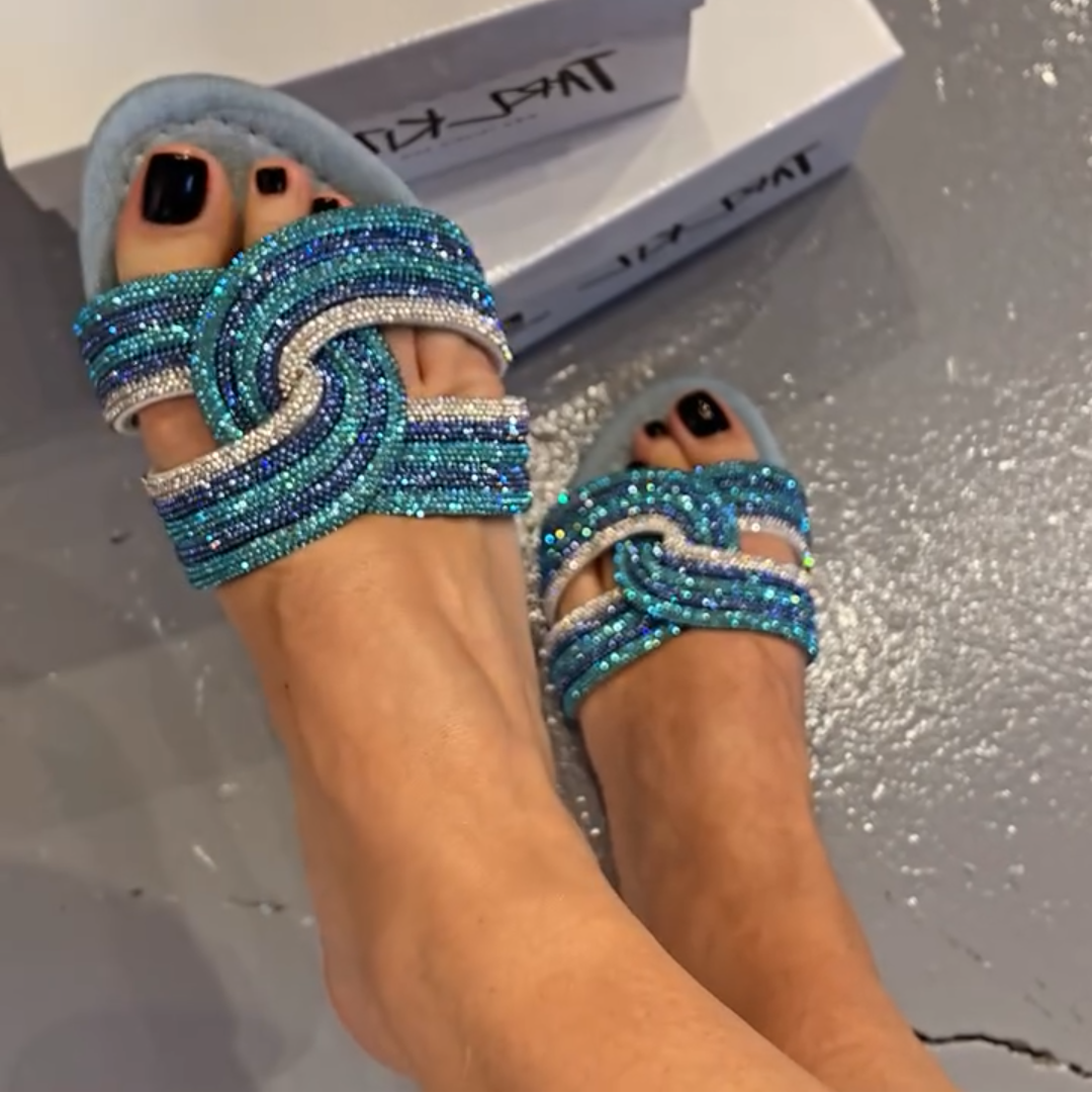 Denim - Base Rhinestone - Braided Slide Sandals